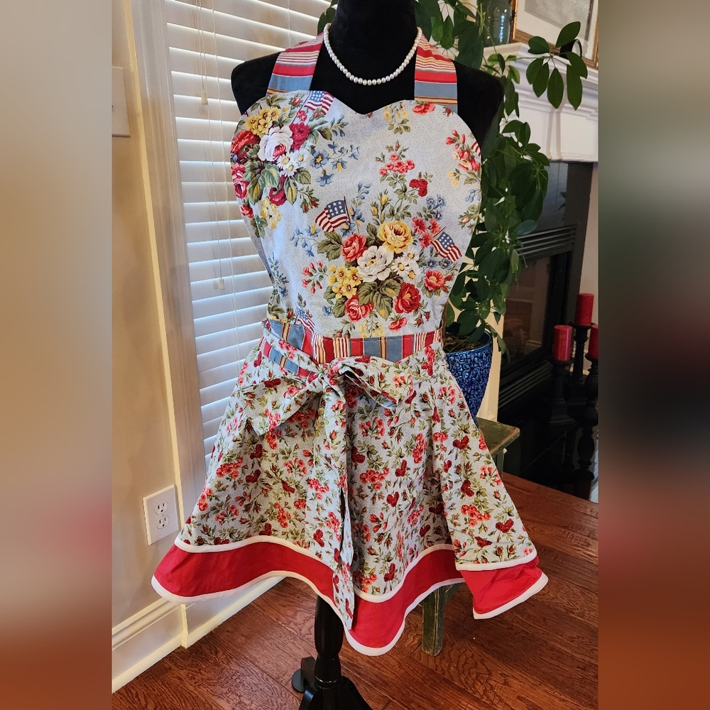 Floral Apron with Red Trim